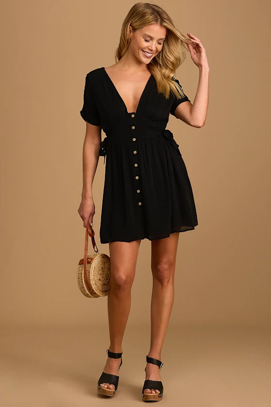Certainly Cute Black Side-Tie Short Sleeve Mini Dress | Lulus (US)