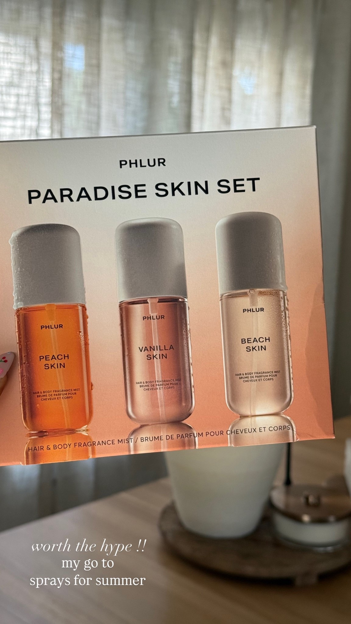 PHLUR LIMITED EDITION PARADISE SKIN SET
my go to sprays for summer!!!

PEACH SKIN -
Top: Peach Bellini, Plum, Peach Skin, Bergamot
Heart: White Freesia, Vanilla Orchid, Jasmine Nectar
Base: Milky Sandalwood, Sheer Amber, Coconut Caramel

VANILLA SKIN -
Top: Pink Pepper, Pink Apple, Sugar Crystals
Heart: Lily, Jasmine Petals, Cashmere Wood
Base: Benzoin, Vanilla, Sandalwood, Agarwood

BEACH SKIN -
Top: Bergamot, Salted Tiare Flower, Pink Pepper
Heart: Coconut Milk, Lily of the Valley
Base: Sandalwood, Vanilla, Musk

body sprays, Sephora finds, skin sets, Sephora favorites, perfume, smell good, phlur, gift sets, limited edition, beauty favorites, beauty finds, peach skin, vanilla skin, beach skin, summer fragrance, midsize.

#LTKFindsUnder100 #LTKSummerEdit #LTKBeauty