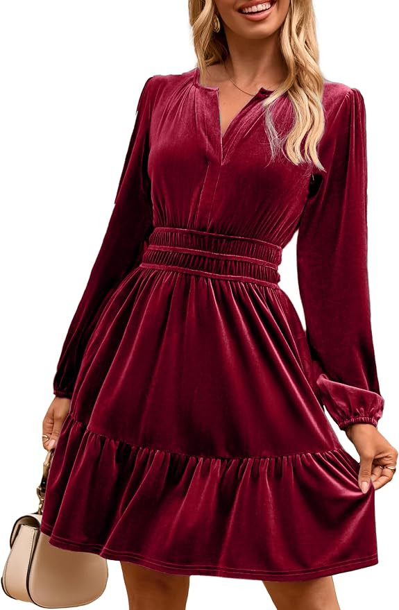 Simplee Womens Velvet Dress 2025 Fall Cocktail Long Sleeve Empire V Neck Wedding Guest Holiday Mi... | Amazon (US)
