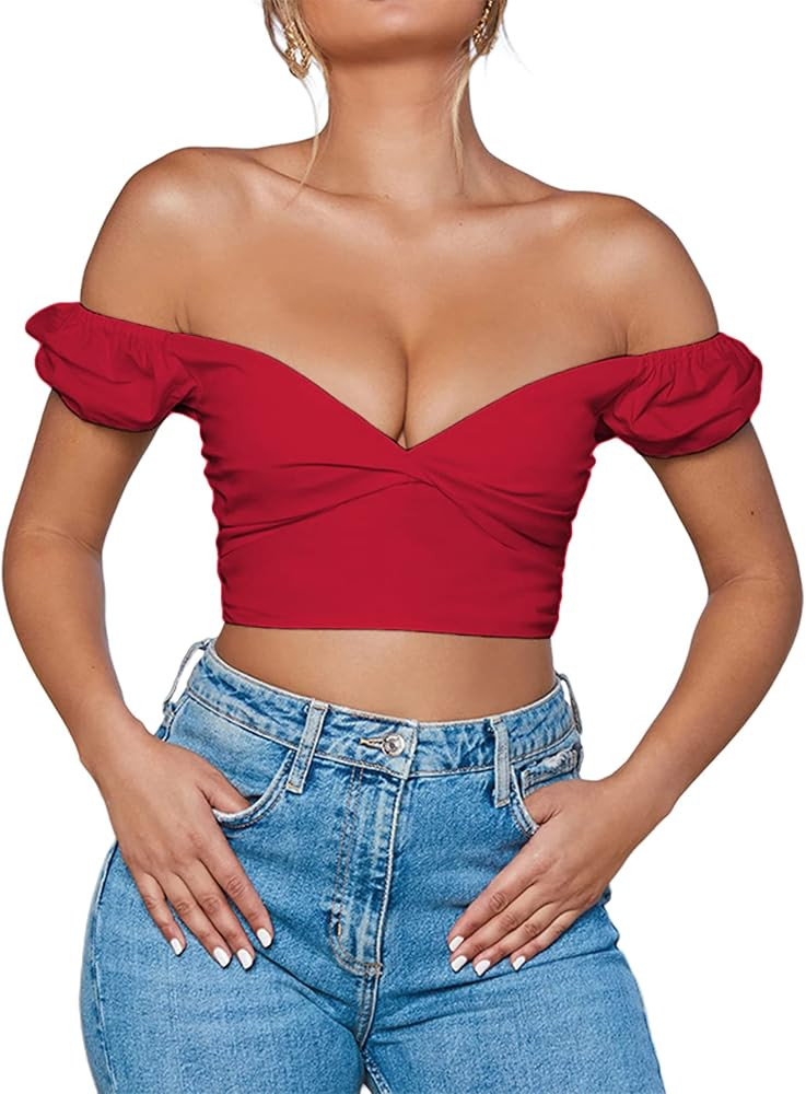 Avanova Women's Twist Front Off Shoulder Crop Top V Neck Short Sleeve Blouse | Amazon (US)