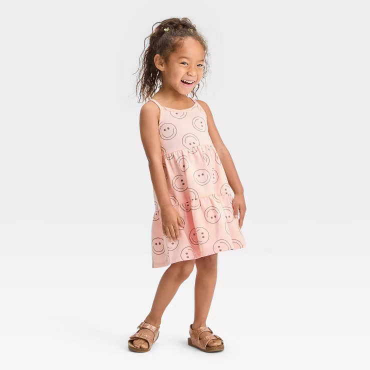 Grayson Mini Toddler Girls' Smiley Face French Terry Tiered Sleeveless Dress - Pink | Target