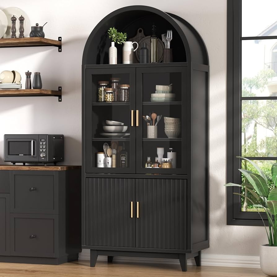 Kitchen Pantry Cabinet with Glass Doors - Arched Design, Solid Wood Legs, Artistic Fluted Door, A... | Amazon (US)