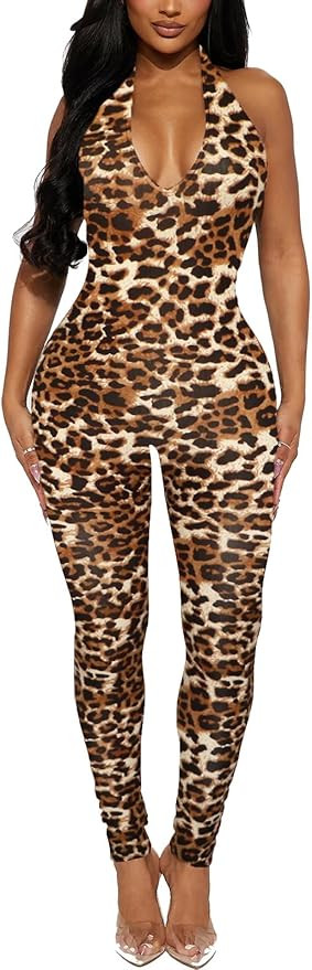 Women's Halter Bodycon Black Jumpsuits - One Piece Backless Leopard Summer Casual Workout Club Pa... | Amazon (US)