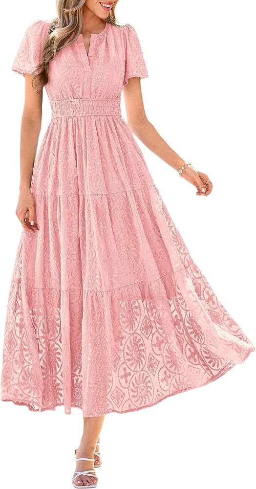 PRETTYGARDEN Womens Maxi Dress 2026 Floral Summer Spring Embroidered Boho Short Sleeve V Neck A L... | Amazon (US)