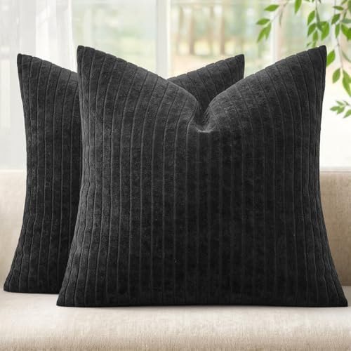 MIULEE Set of 2 Black Decorative Throw Pillow Covers 20x20 Inch, Thick Soft Textured Striped Cushion Covers, Modern Solid Color Farmhouse Boho Pillow Case for Sofa Couch Bed Living Room | Amazon (US)