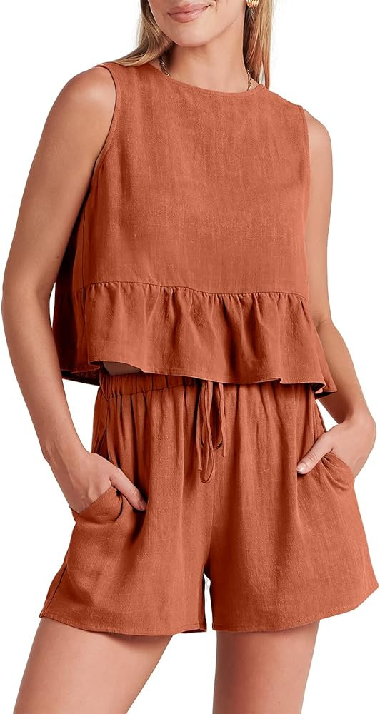 ANRABESS Women’s Summer 2 Piece Outfits Shorts Sets Sleeveless Ruffle Crop Top Tank and Drawstring S | Amazon (US)