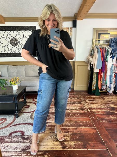 Cargo high rise jeans (16), flutter sleeve chiffon overlay blouse (12/L- and use code NICOLES15), teacher outfit, back to school outfit 

#LTKcurves #LTKworkwear #LTKmidsize