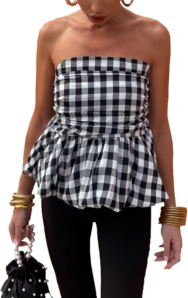 Women Y2K Strapless Tube Top Bubble Stretchy Pleated Bandeau Tank Tops Going Out Summer Bustier C... | Amazon (US)