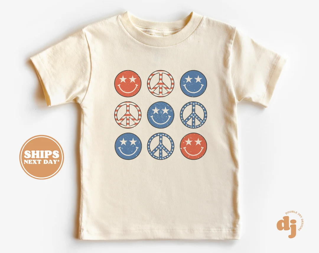 4th of July Shirt, Memorial Day, Flag Shirt, Cute Vintage Onesie®, Toddler Shirt, Smileys Peace ... | Etsy (US)