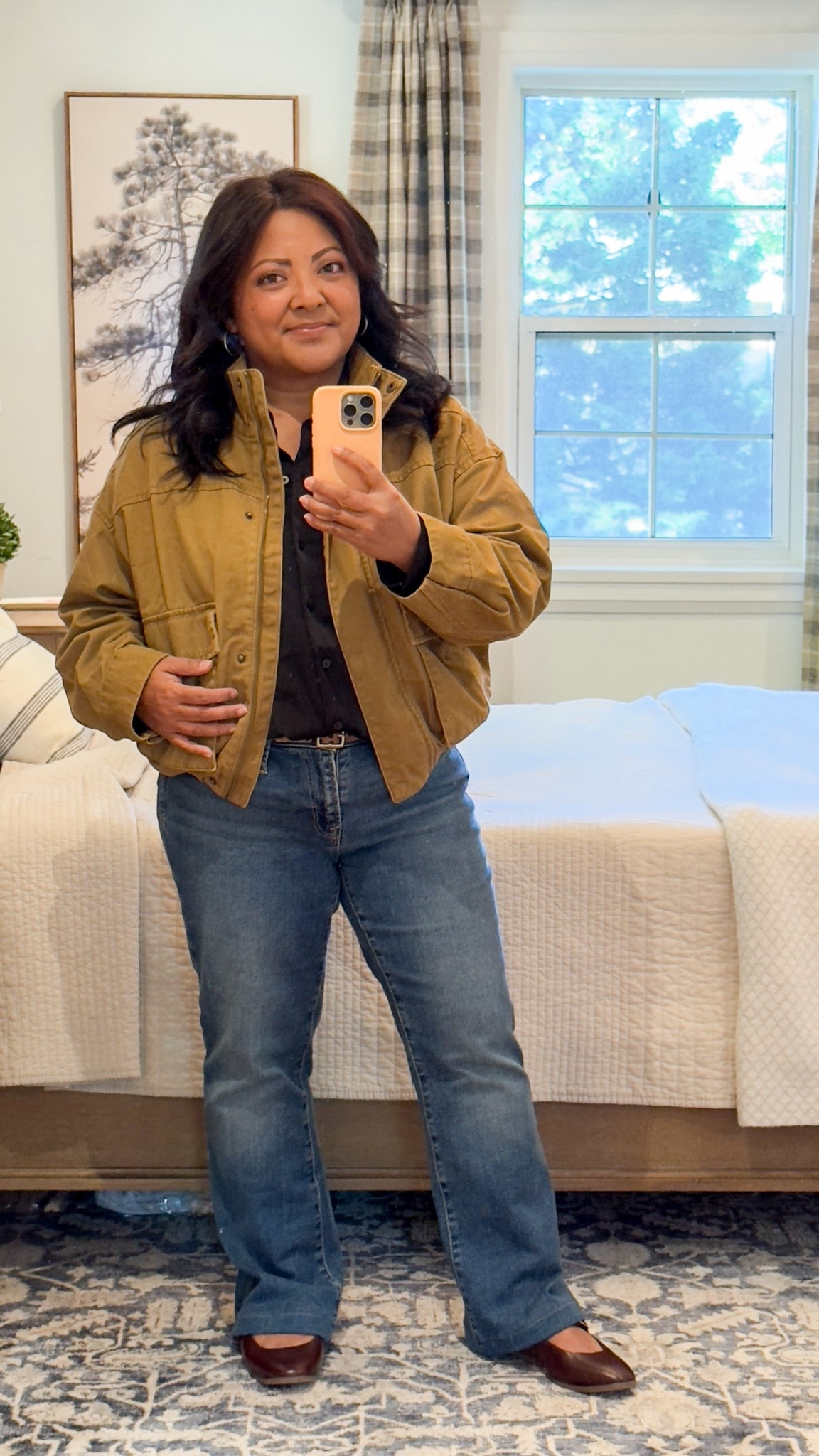 Petite fall outfit, fall jacket, petite fall fashion. Bomber jacket, satin shirt, GAP jeans, long and lean jeans, Mary Jane flats, fall shoes 

#LTKfall #LTKworkwear #LTKpetite