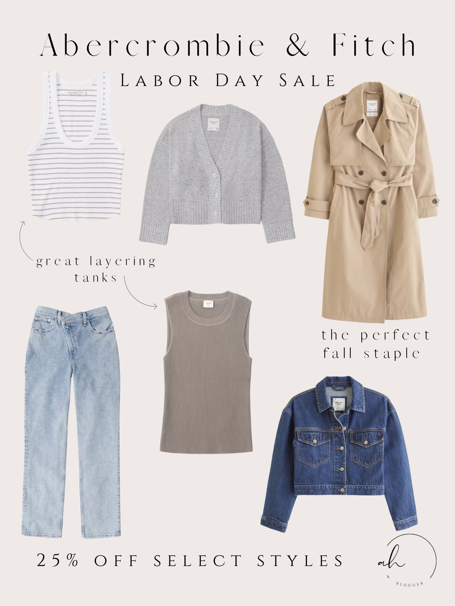 Abercrombie & Fitch, Labor Day sale, trench coat, cardigan, layering tanks, denim jacket, high rise jeans

#LTKsalealert #LTKstyletip #LTKSeasonal