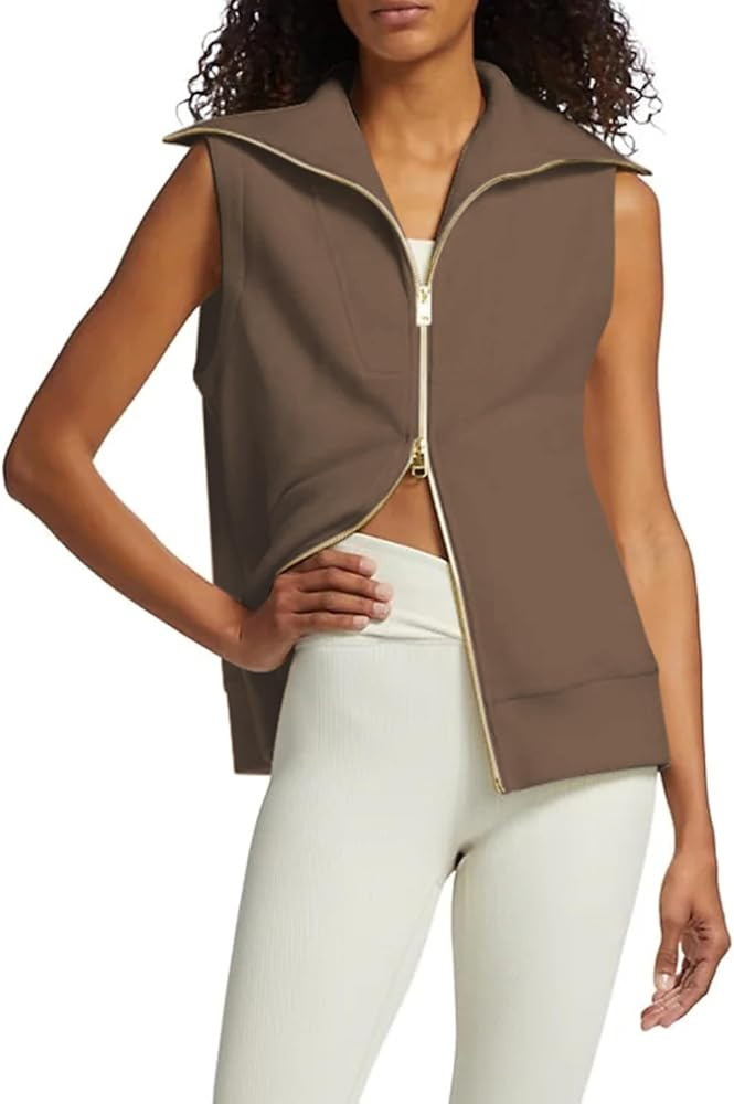 Viottiset Women's Ribbed Full Zip Lapel Collar Sleeveless Sweatshirt Sweater Vest Fall Casual Top | Amazon (US)