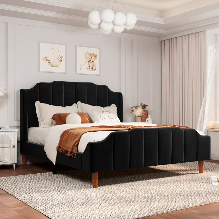 Allewie Queen Size Velvet Platform Bed with Modern Curved Upholstered Headboard and Footboard, Bl... | Walmart (US)