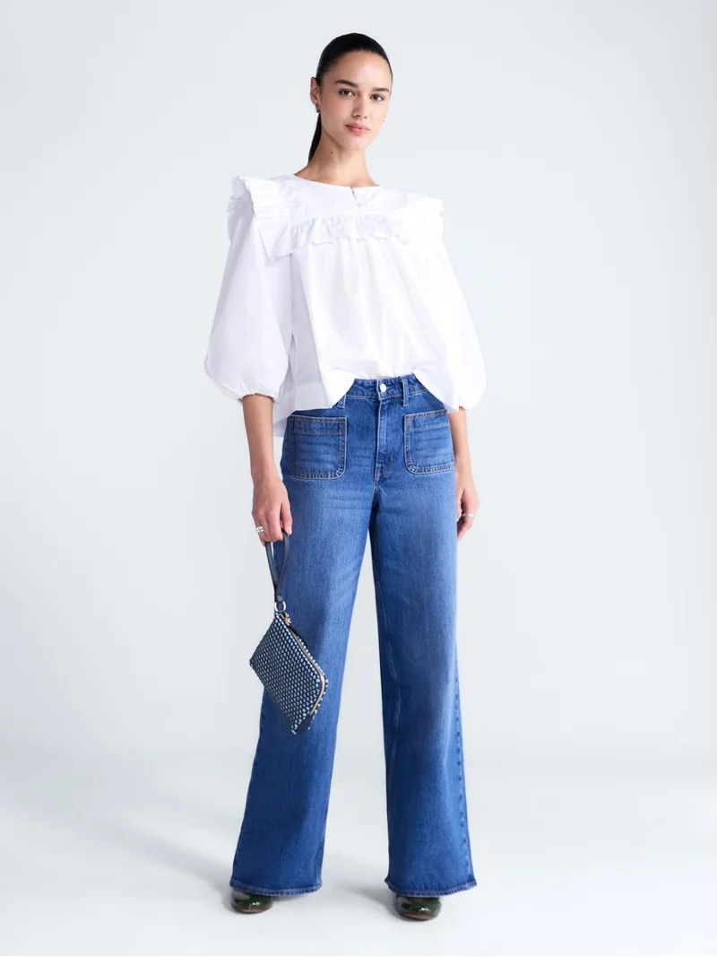 Free Assembly Women's and Women's Plus Ruffle Yoke Cotton Top with Puff Sleeves, Sizes XS-4X | Walmart (US)