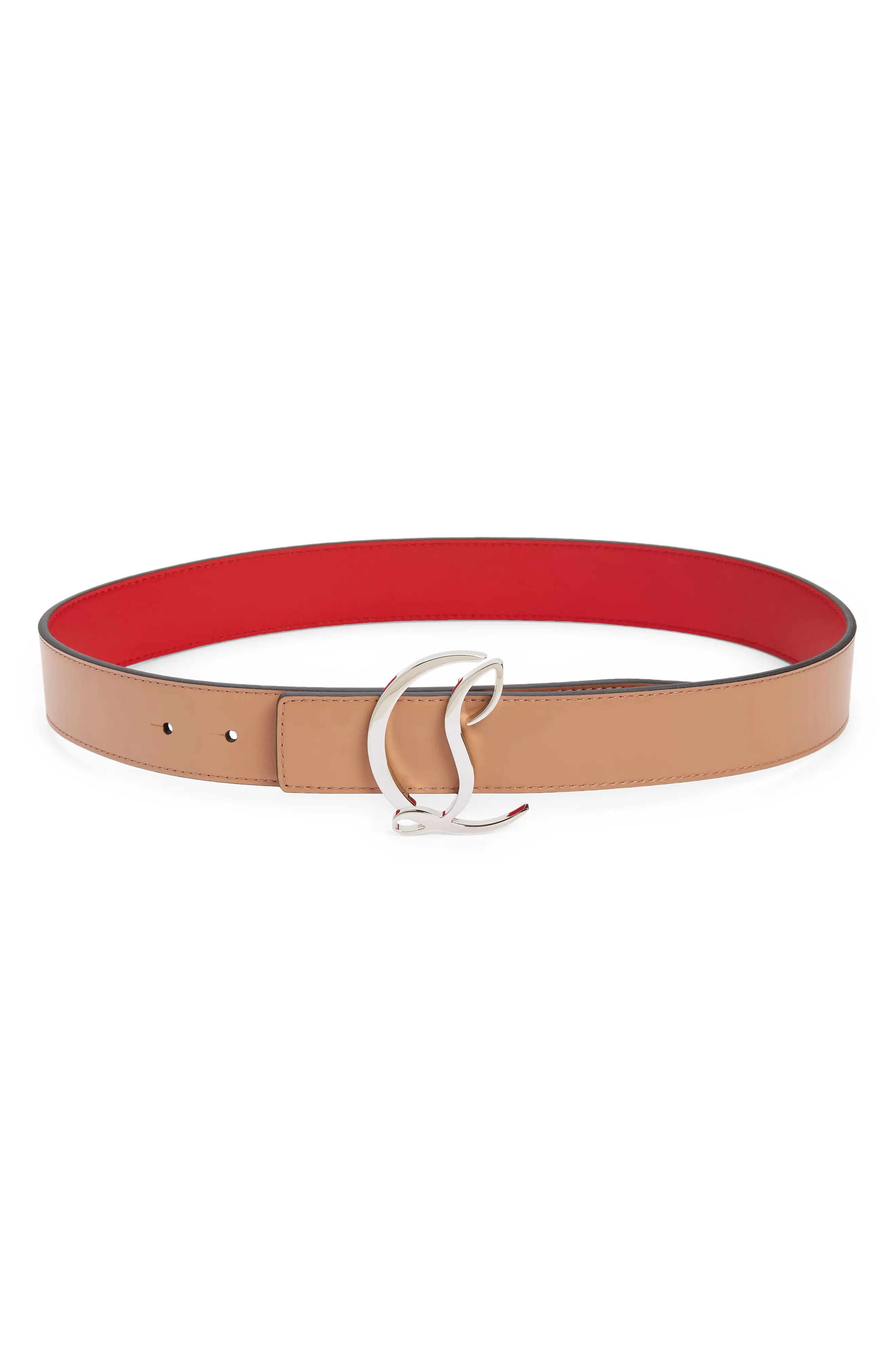 Christian Louboutin Logo Buckle Leather Belt, Size 80 in Nude/Silver at Nordstrom | Nordstrom