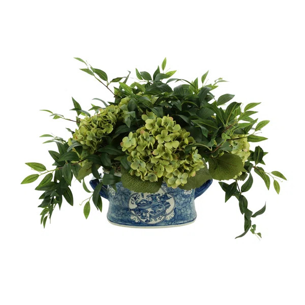 Hydrangea and Ruscus Arrangement in Ceramic Pot | Perigold