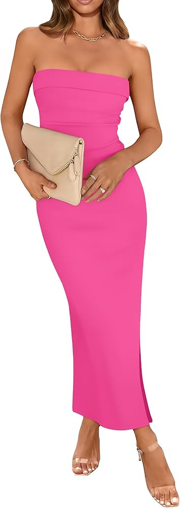 WIHOLL Womens Summer Dresses 2024 Fall Bodycon Maxi Tube Dress Strapless Side Slit Vacation Outfi... | Amazon (US)