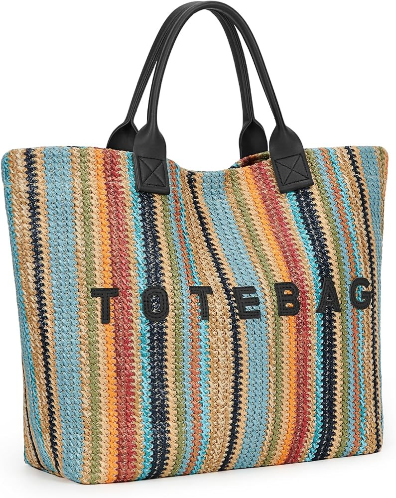 Faux Straw Beach Tote Bag for Women Large Capacity Rainbow Striped Shoulder Bag Letter Print Wove... | Amazon (US)