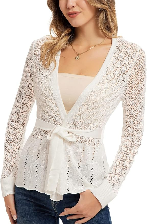 GRACE KARIN Womens Cardigans Hollowed-Out Open Front Knitwear Sweater with Belt | Amazon (US)