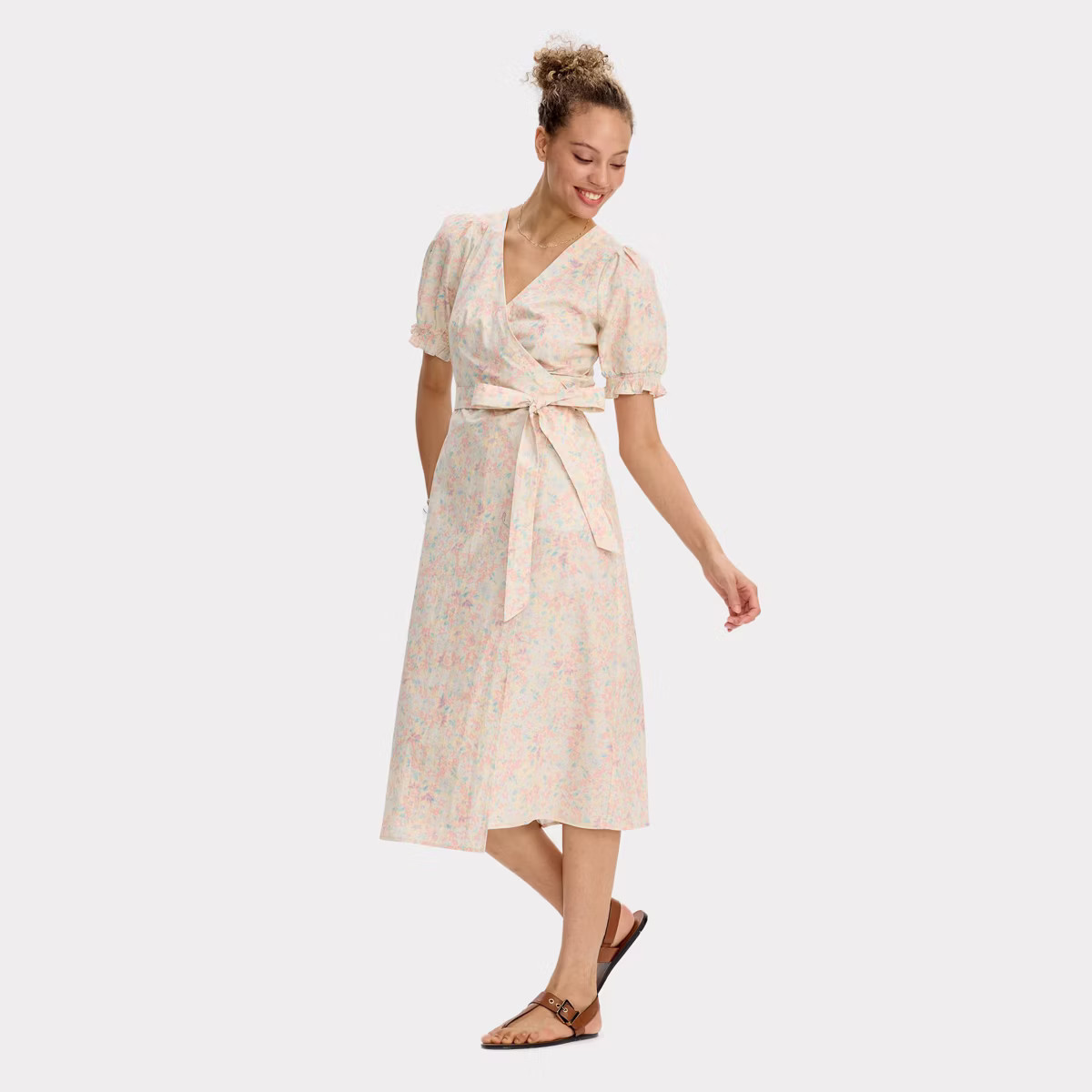 Women's Puff Short Sleeve Midi Wrap Dress - Universal Thread™ Light Pink Floral S | Target