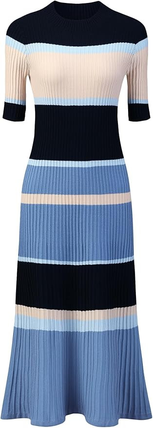 Hobemty Women's Knit Striped Dresses Short Sleeve Midi Ribbed Sweater Dress | Amazon (US)