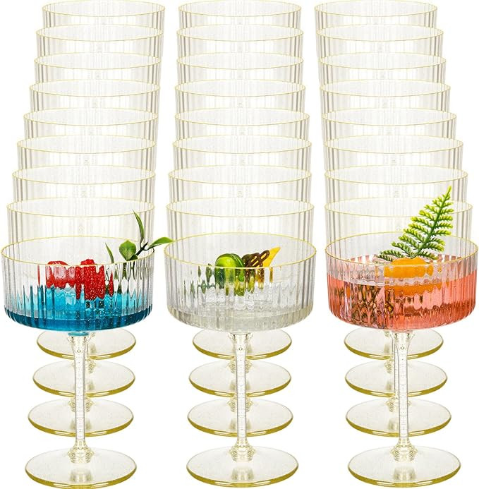 24 Pcs Ribbed Martini Glasses 10 oz Disposable Plastic Vintage Ribbed Coupe Glasses with Gold Rim... | Amazon (US)