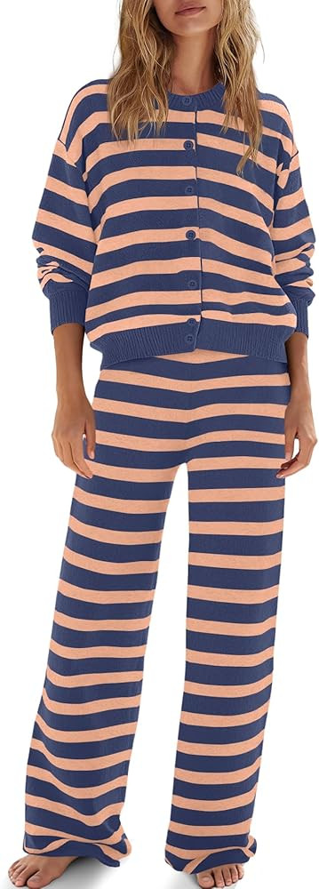 ReachMe Womens Oversized Striped 2 Piece Sets Button Up Cardigan and Wide Leg Pants with Pockets ... | Amazon (US)