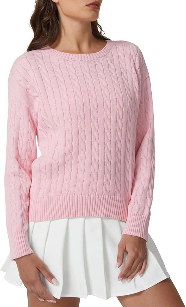 QINSEN Cable Knit Sweater for Women Long Sleeve 90s Vintage Ribbed Pullover Crewneck Sweater Tops | Amazon (US)