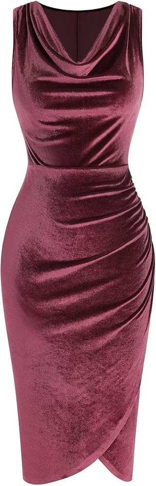 ZAFUL Womens Sleeveless Velvet Cocktail Dresses Cowl Neck Party Midi Wedding Guest Dress Ruched S... | Amazon (US)