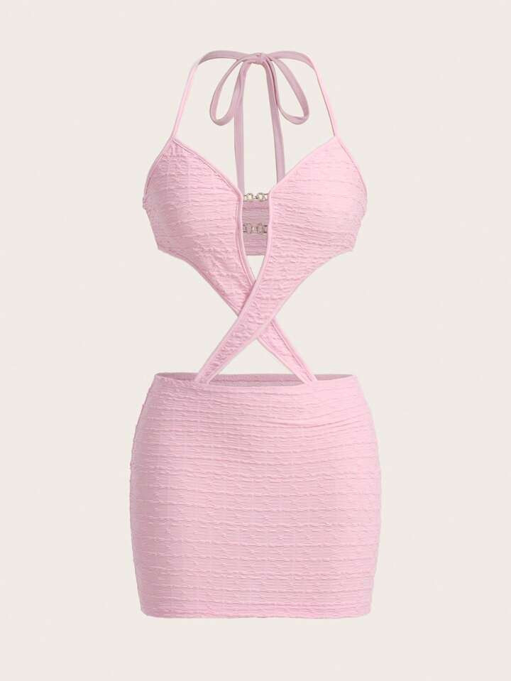 SHEIN ICON Cut Out Crisscross Front Tie Backless Halter Bodycon Dress | SHEIN