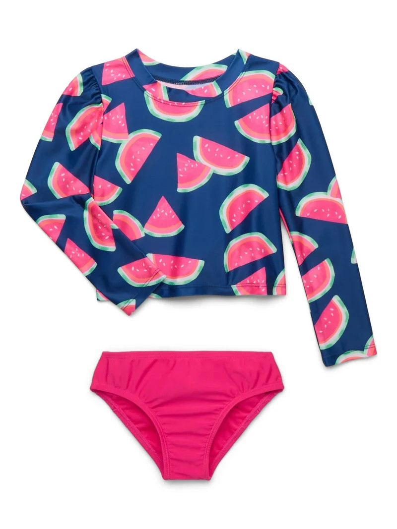 Wonder Nation Baby and Toddler Girls' Long Sleeve Rash Guard Bikini Swim Set, 2-Piece, Size 12M-5... | Walmart (US)