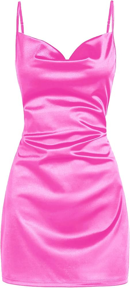 ZAFUL Women's Satin Sleeveless Spaghetti Strap Mini Dress Side Slit Cowl Neck Cocktail Party Dres... | Amazon (US)