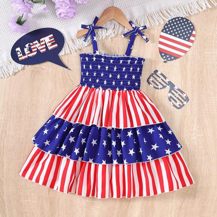 Young Girl Summer Sleeveless Dress With Bowknot, American National Pattern & Independence Day Ele... | SHEIN