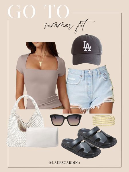 This go to summer fit pairs a gray square neck shirt sleeve top, denim shorts, an LA baseball hat, black sunglasses, a woven tote bag, gold initial necklace, a gold bracelet stack, and black slide sandals. 

Ootd, Amazon fashion, spring outfit, summer outfit, casual outfit idea

#LTKshoecrush #LTKfindsunder50 #LTKstyletip