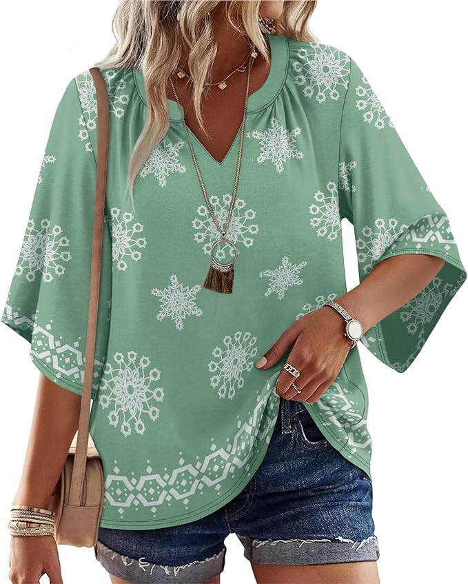 WIHOLL Boho Cute Summer Tops for Women 3/4 Sleeve Dressy Fashion V Neck Casual 2026 Business Beac... | Amazon (US)