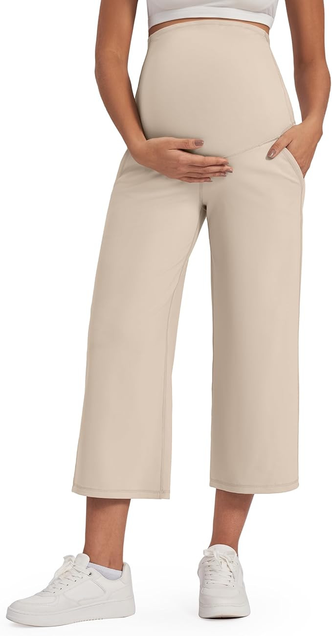 G4Free Wide Leg Maternity Yoga Capris Over The Belly Stretch Pregnancy Cropped Pants with Pockets | Amazon (US)