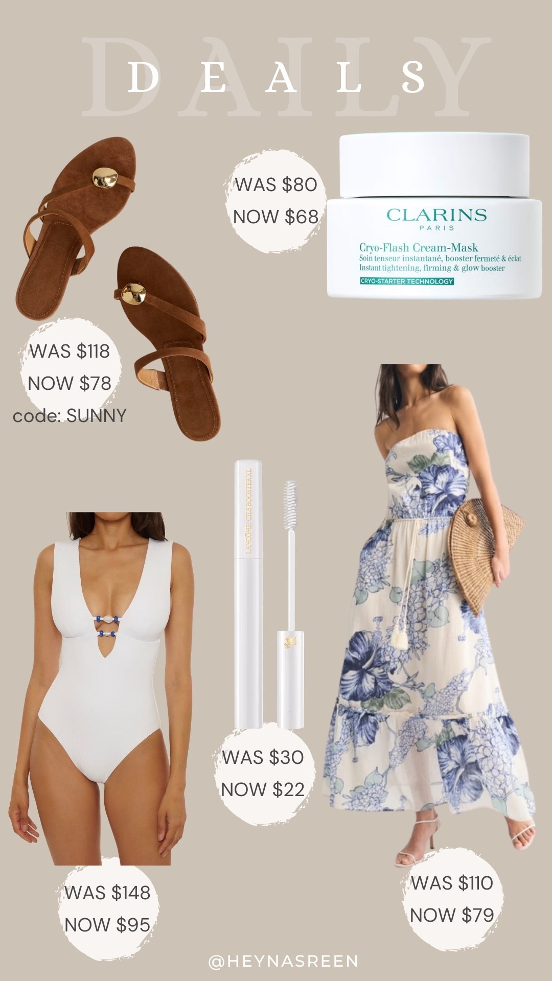 Daily deals on Madewell sandals, Clarins cyro mask, Abercrombie dress, Lancôme lash primer, Becca swimsuit