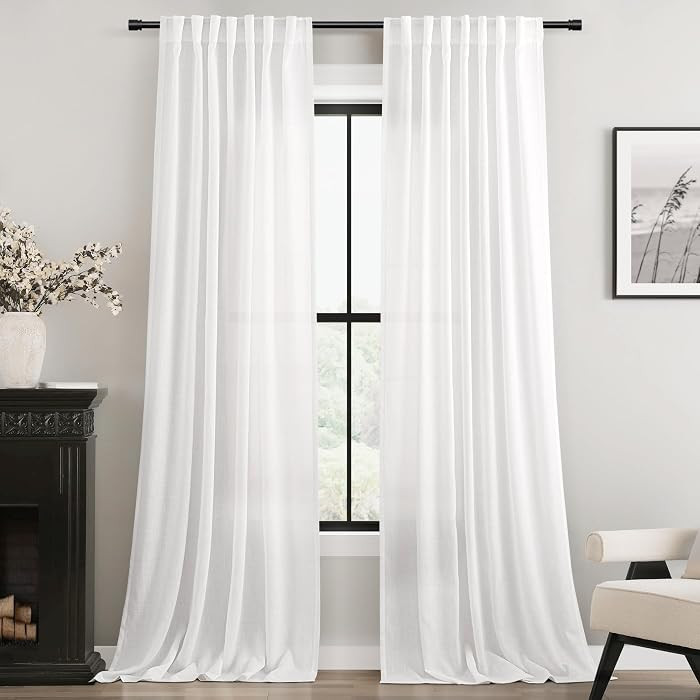 Linen White Curtains 86 inches Long for Bedroom Loop Pocket Privacy Light Filtering Semi Sheer Wh... | Amazon (US)