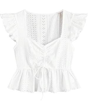 SweatyRocks Women's Ruffle Hem Cap Sleeve Shirts Sweetheart Neck Peplum Blouse Top | Amazon (US)