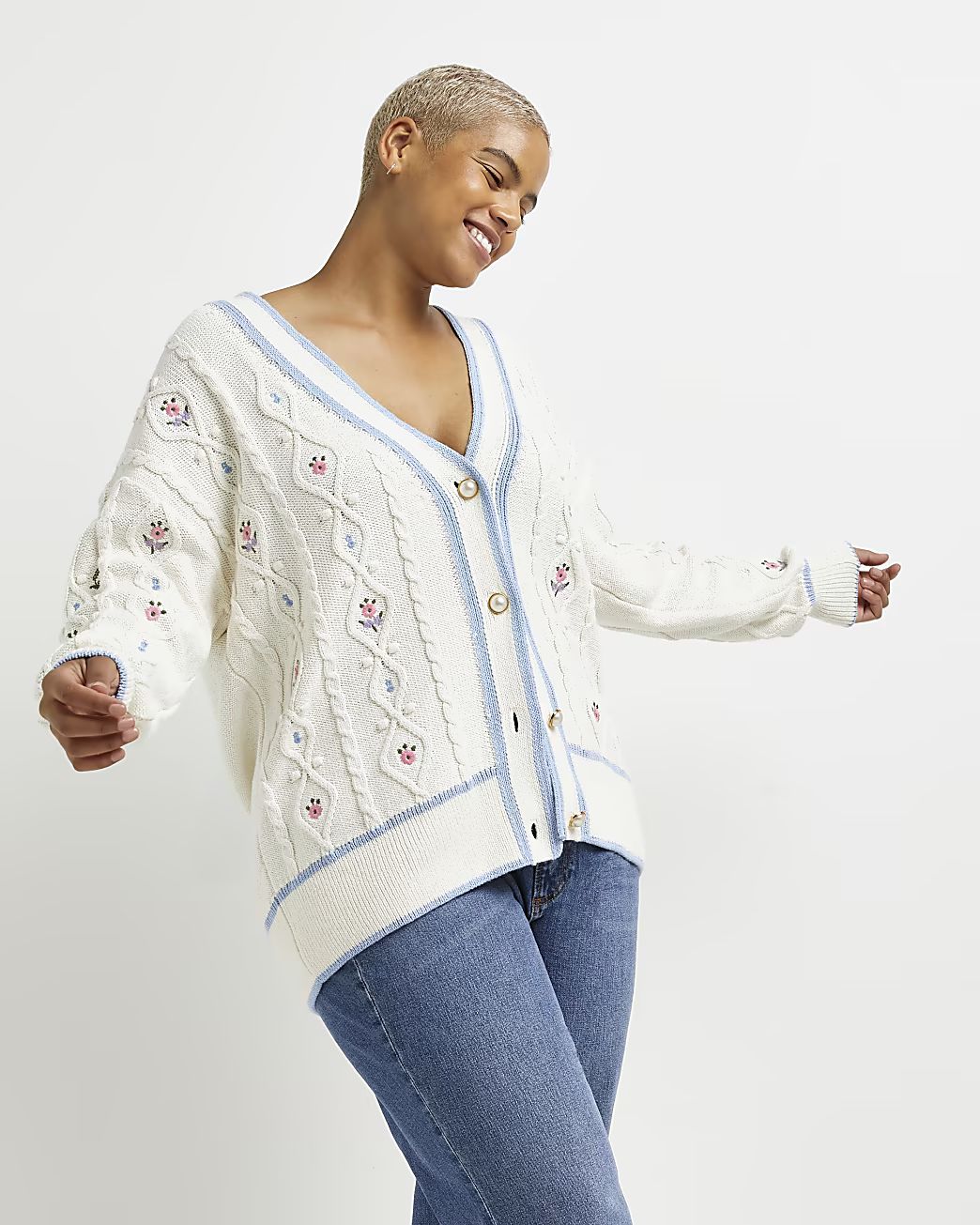 Plus cream embroidered cable knit cardigan | River Island (UK & IE)