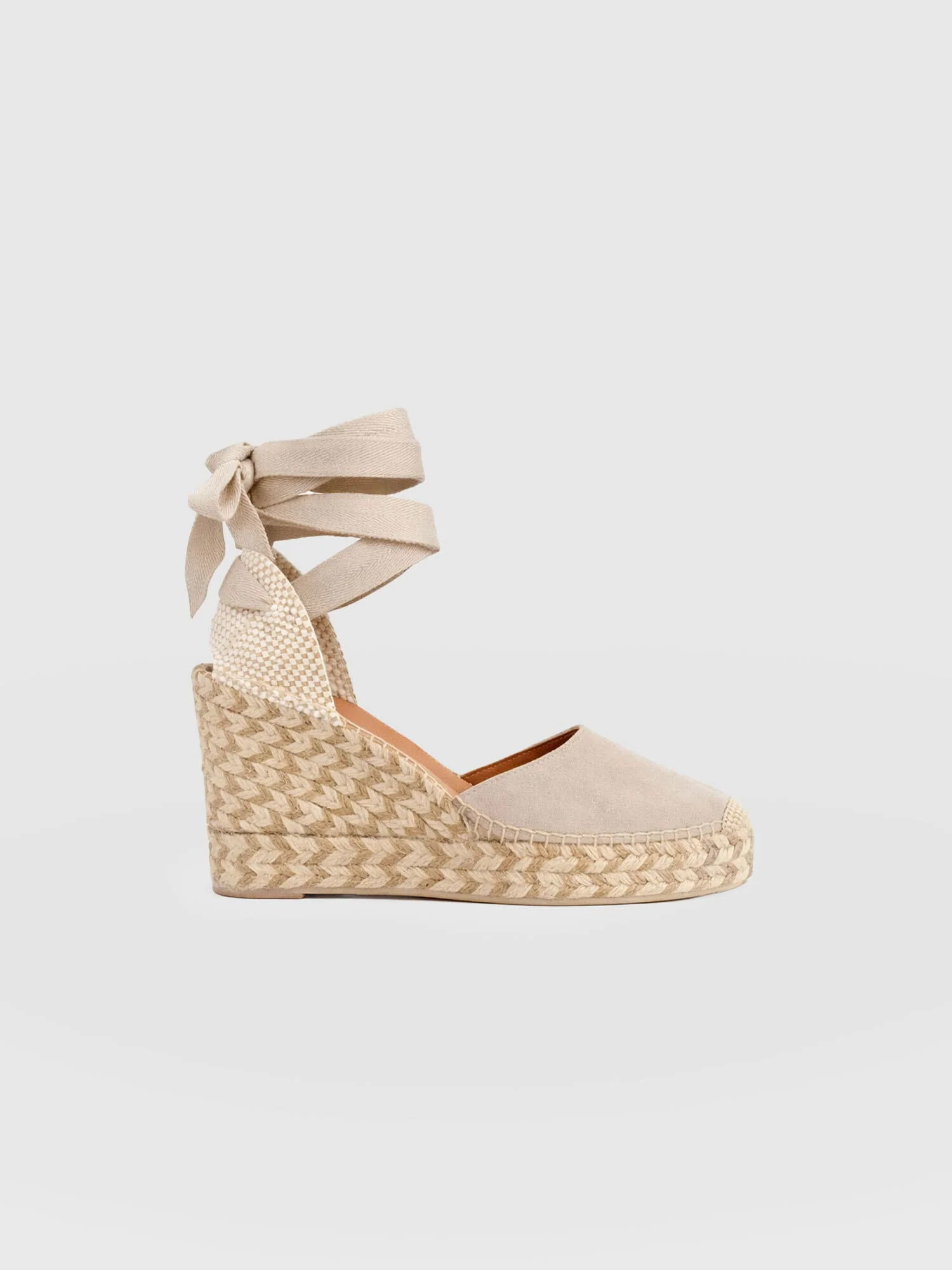 Rowe Espadrille Tie Wedges - Sand Suede | Saint + Sofia UK