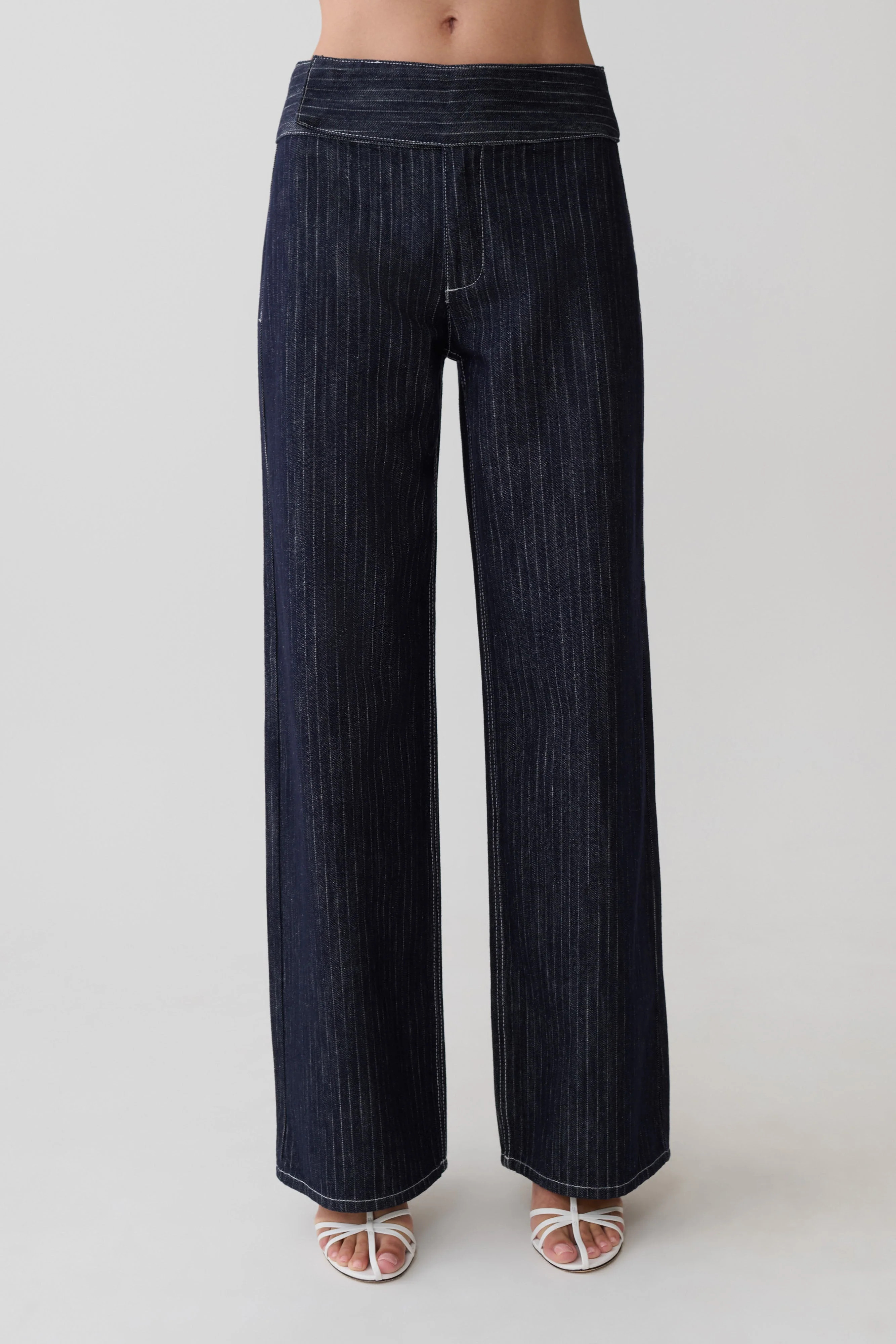 Flare Mid Rise Denim Jeans - Indigo Pinstripe | MESHKI US