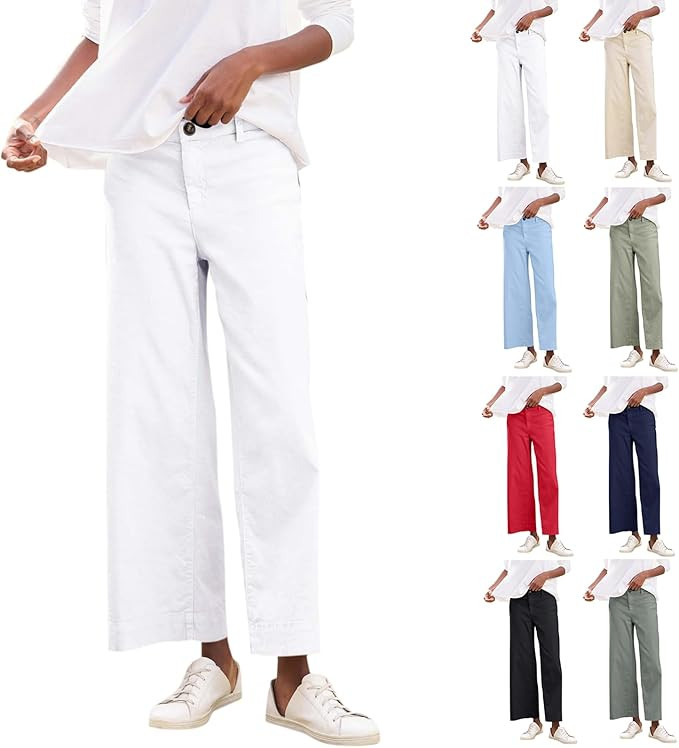 Women Linen Pants Casual Wide Leg Cropped Pants Dressy Pants with Pocket Plus Size Summer Loose B... | Amazon (US)