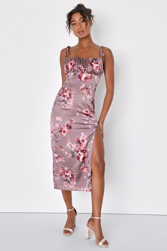 Fleur-ty Behavior Mauve Floral Satin Tie-Strap Midi Dress | Lulus