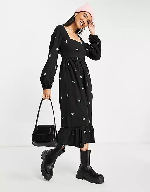 ASOS DESIGN square neck midi smock dress with all over flower embroidery in black | ASOS (Global)