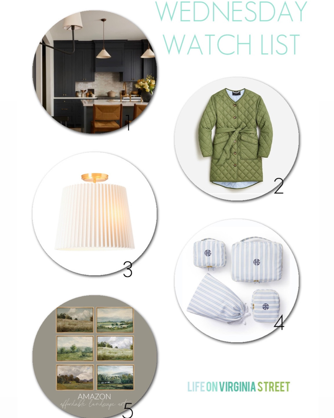 This week’s Wednesday Watch List includes a reversible quilted jacket, a pleated flush mount light fixture, blue striped packing cubes and some affordable landscape art from Amazon.
.
#ltkhome #ltkseasonal #lrkunder50 #ltkunder100 #ltkstyletip

#LTKhome #LTKsalealert #LTKSeasonal