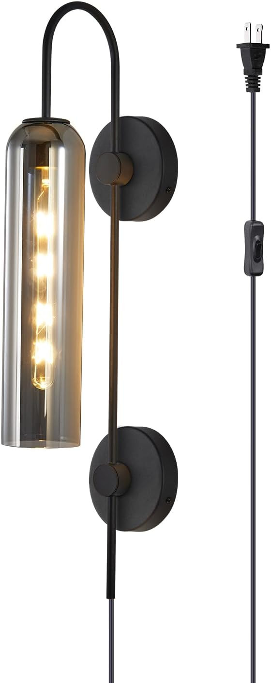 BOKT Mid Century Plug in Wall Sconce Black Bathroom Wall Mounted Light with Smoke Glass Minimalis... | Amazon (US)