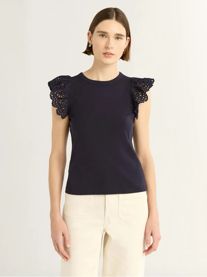 Free Assembly Women's and Women's Plus Eyelet Flutter Sleeve Tee, Sizes XS-4X | Walmart (US)