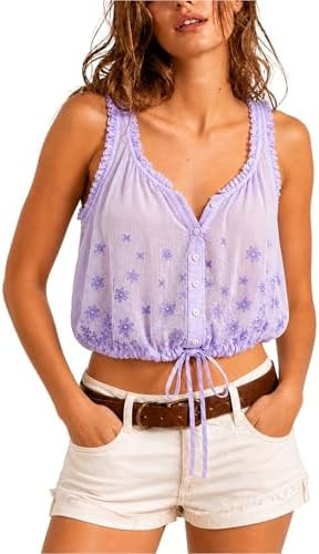 Womens Summer Boho Embroidered Tank Button Down Cami Tops Beach Vacation Flowy Vest Sleeveless Bl... | Amazon (US)