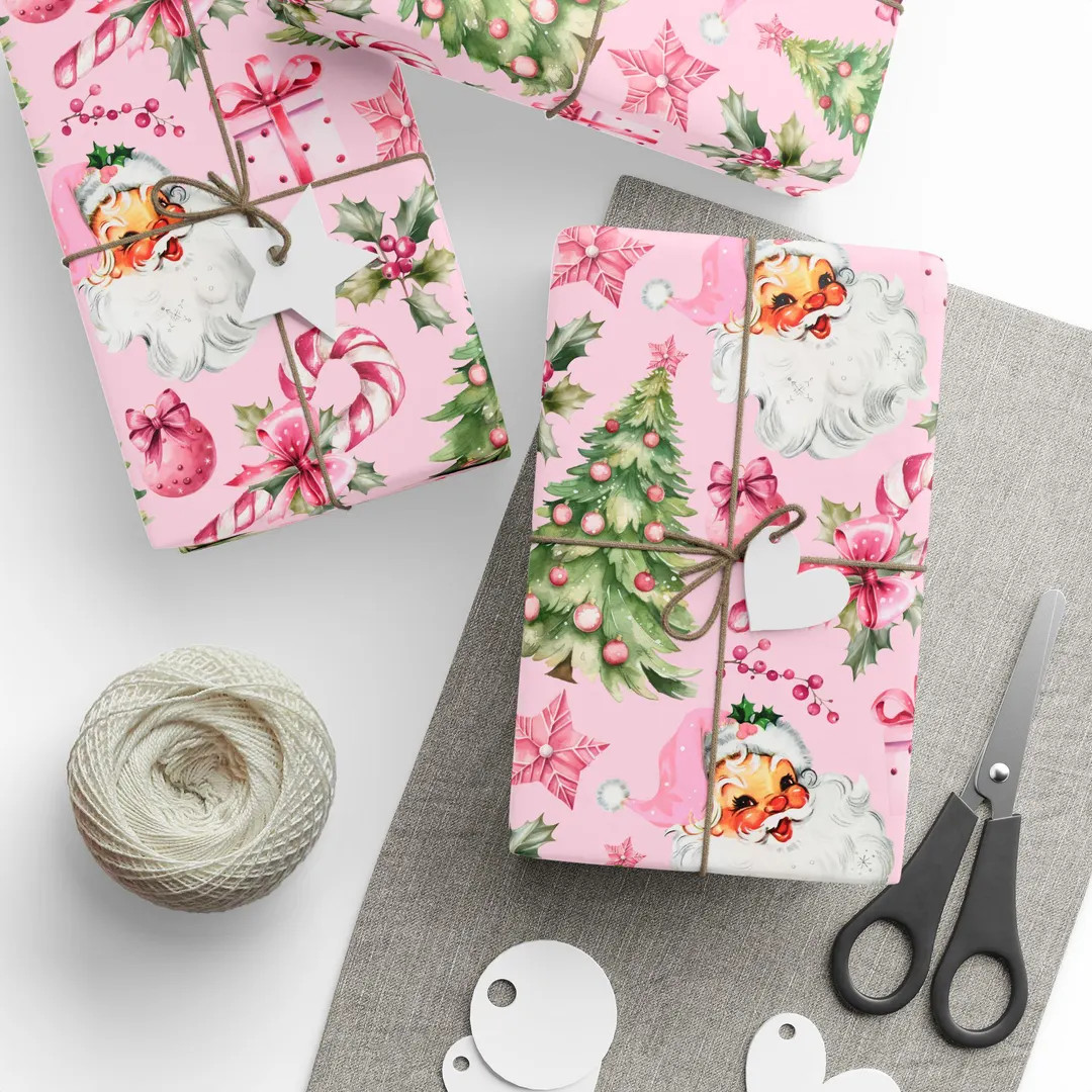 Retro Christmas Wrapping Paper: Pink Retro Santa Wonderland | Gift Wrap | Holiday Wrapping | Chri... | Etsy (US)
